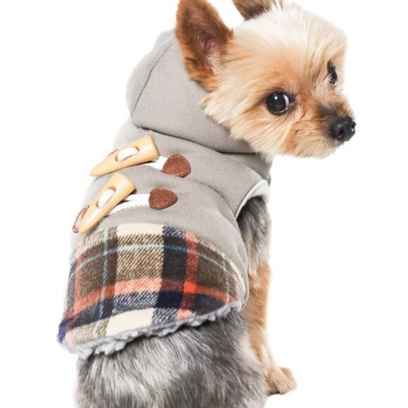 Vibrant Life Dog Pet Cat Clothes Grey & Plaid Hooded Jacket with Faux Toggles - Picture 2 of 4